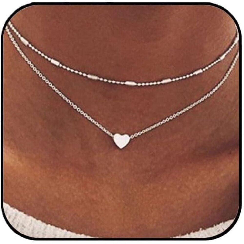 Cute Heart Silver Choker Necklace for Women 18K Silver Layered Love Pendant Neck